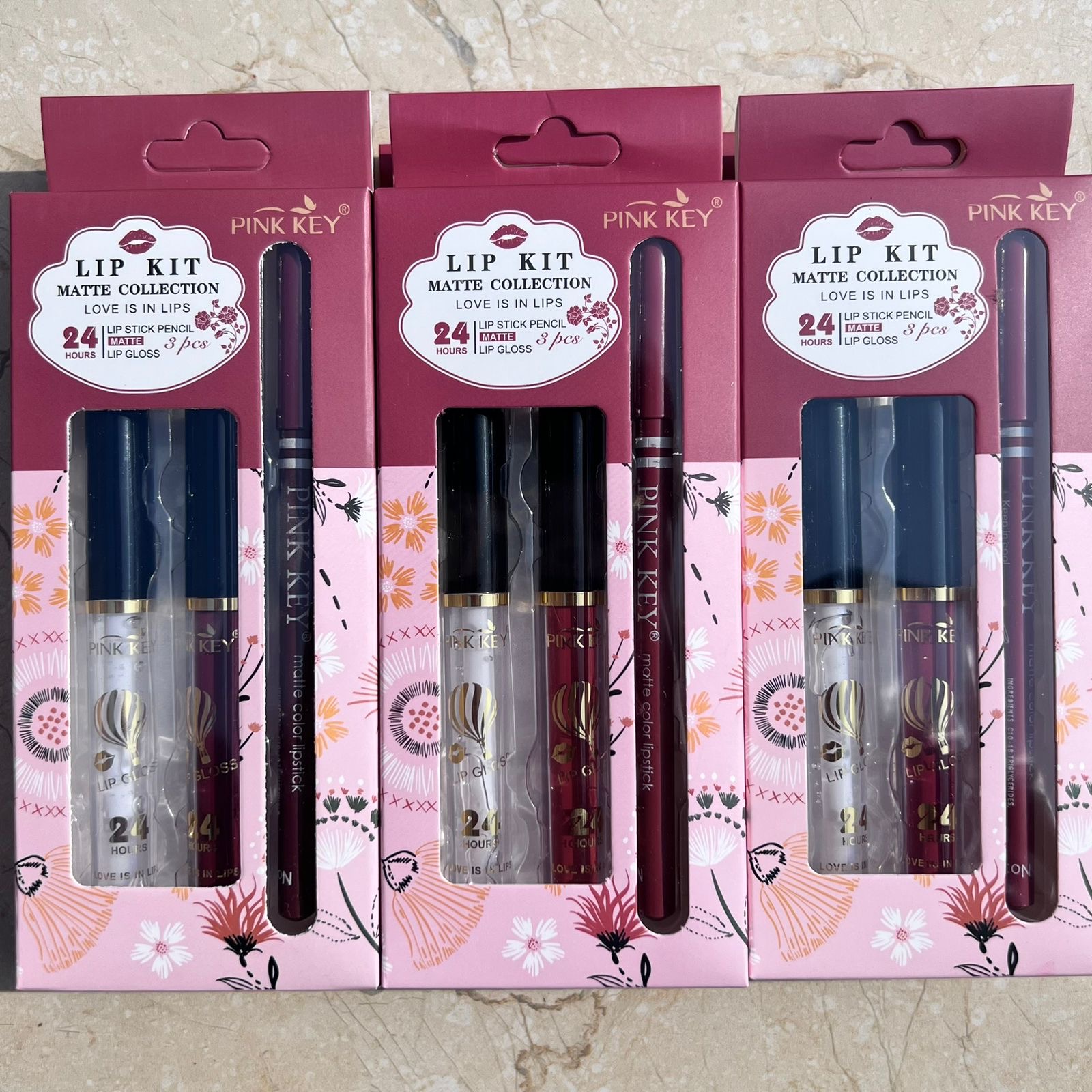 Pink Key Matte Love Lip Kit 3 in 1 Matte Gloss Liner-Reds