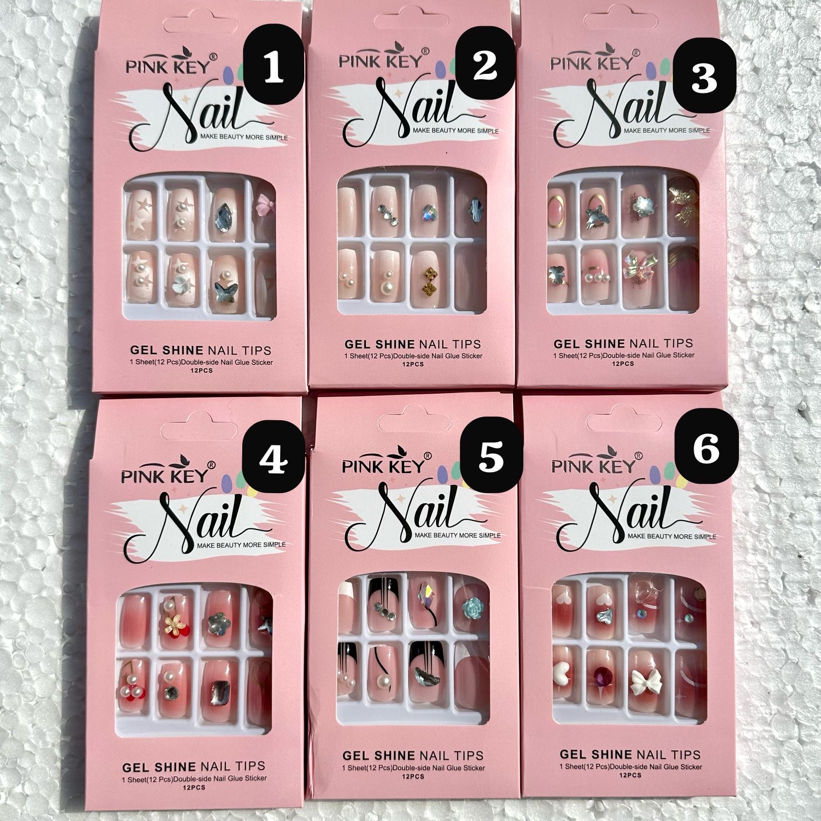 Pink key Stone work Gel Nails- B