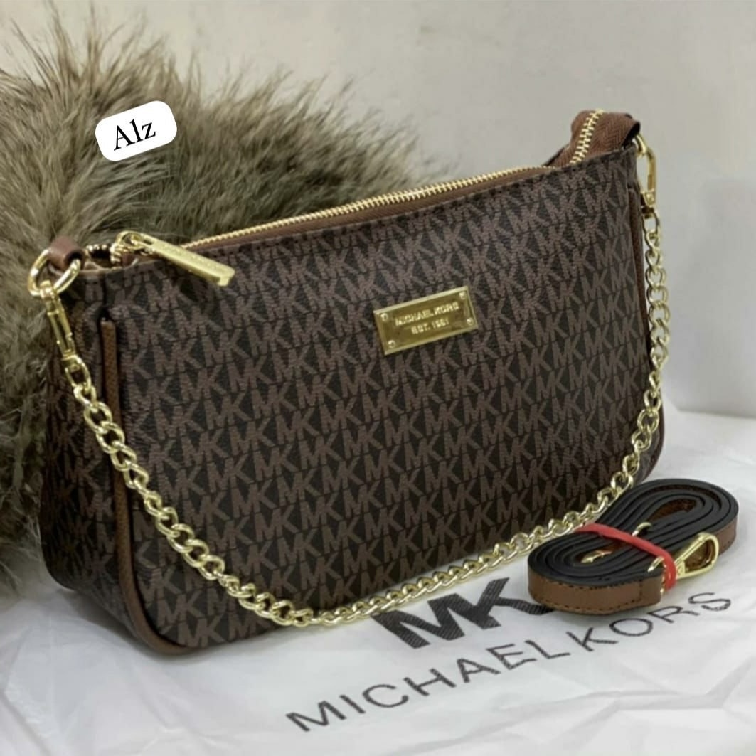 Michael Kors Jet Set Travel Medium Zip Pouchette Crossbody Shoulder Sling Bag Brown