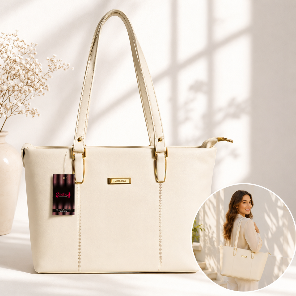 Emotic Minimalist Muse Totebag 3 Compartments -Beige color