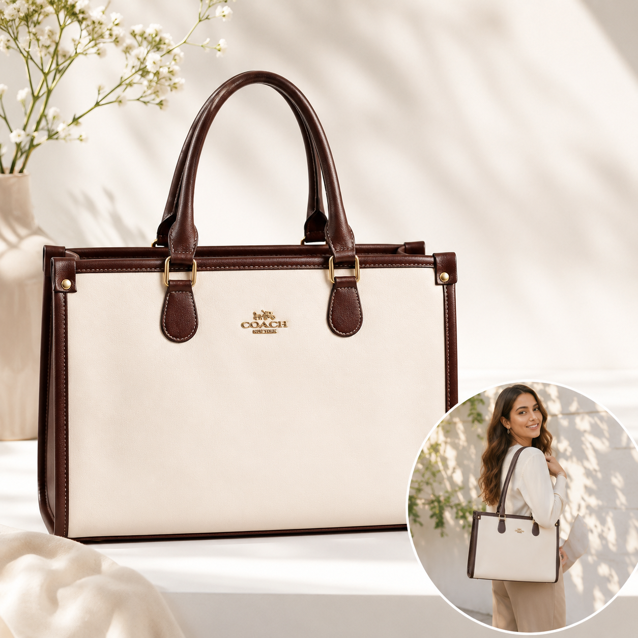 Coach Inspired Avenue Canvas & Leather Carryall Totebag