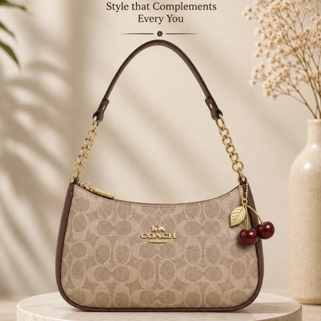Coach inspired Shoulder bag with charm Brown
