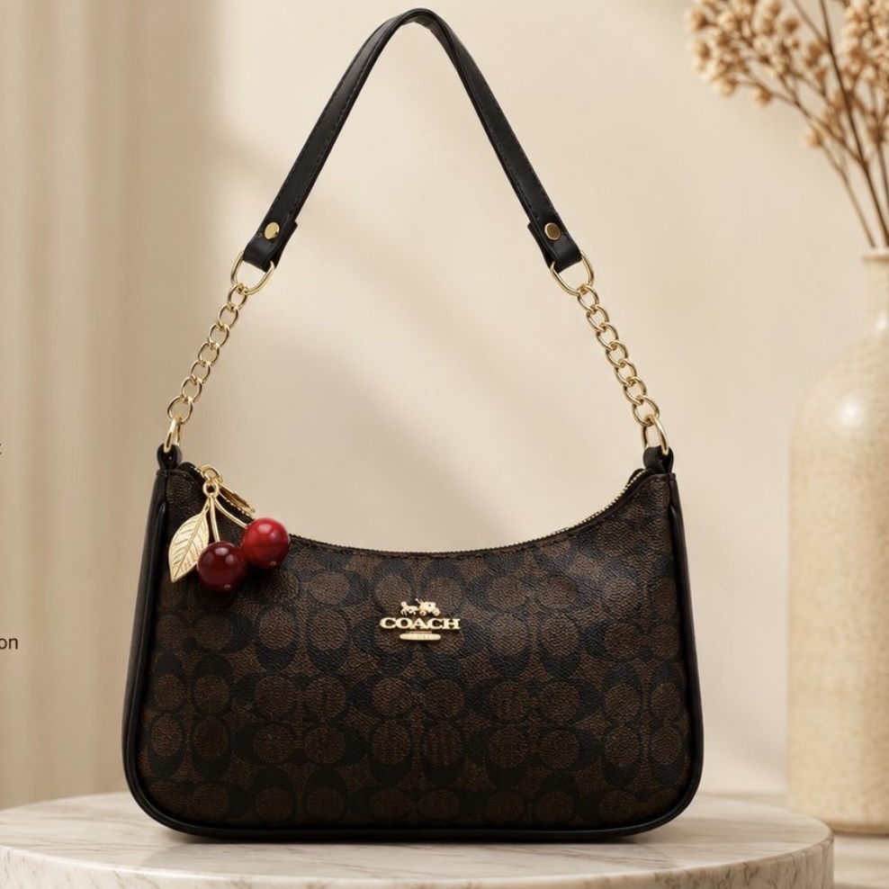 Coach inspired Shoulder bag with charm Dark Brown