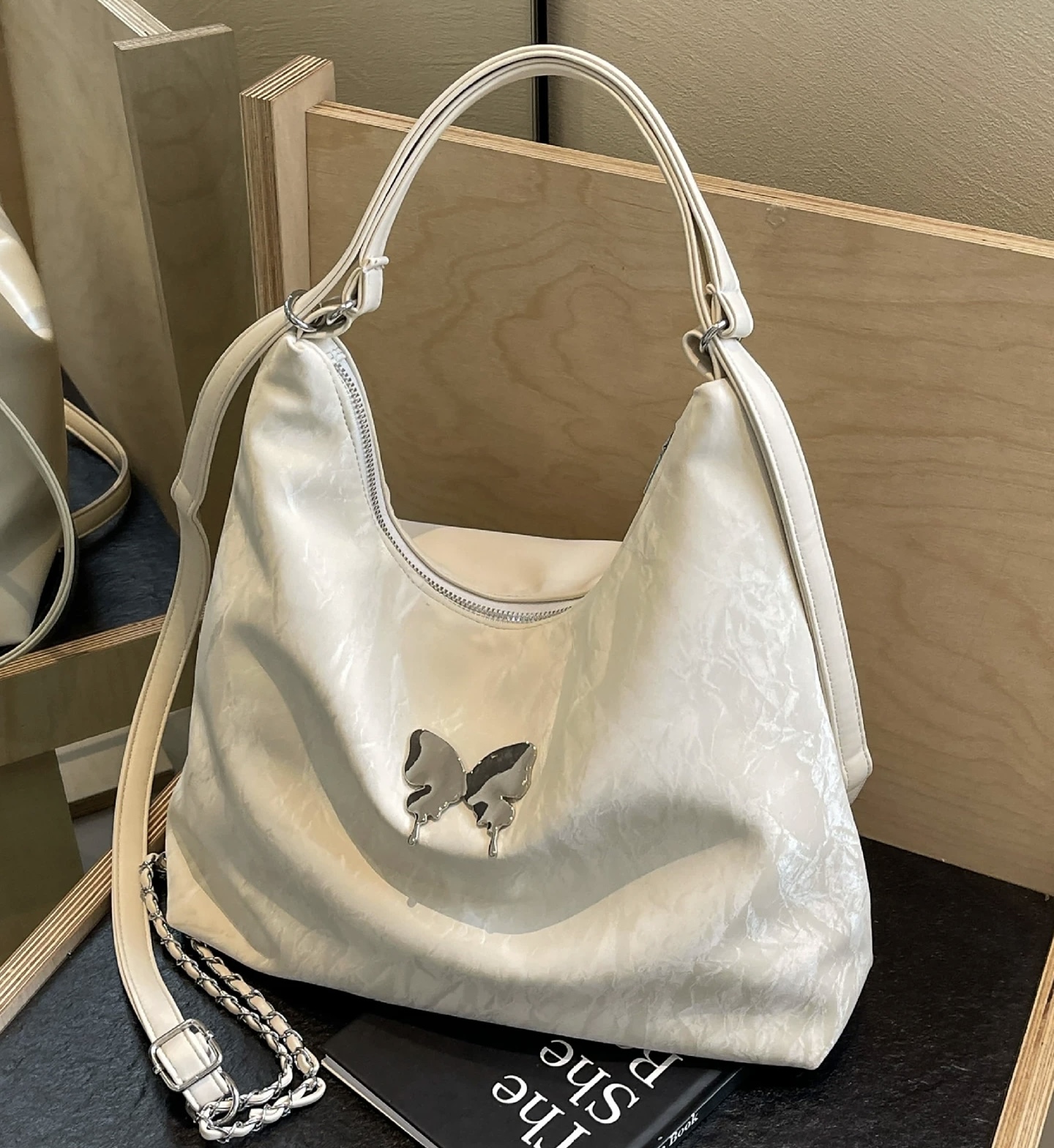Korean White Metallic Shoulder Bag for Women | Stylish Crinkled Hobo Tote Bag with Metal Butterfly Accent & Chain Strap
