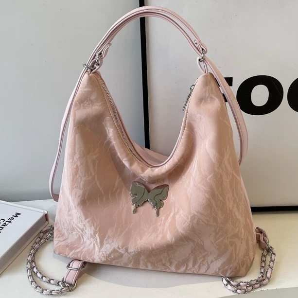 Korean Pink Metallic Shoulder Bag for Women | Stylish Crinkled Hobo Tote Bag with Metal Butterfly Accent & Chain Strap